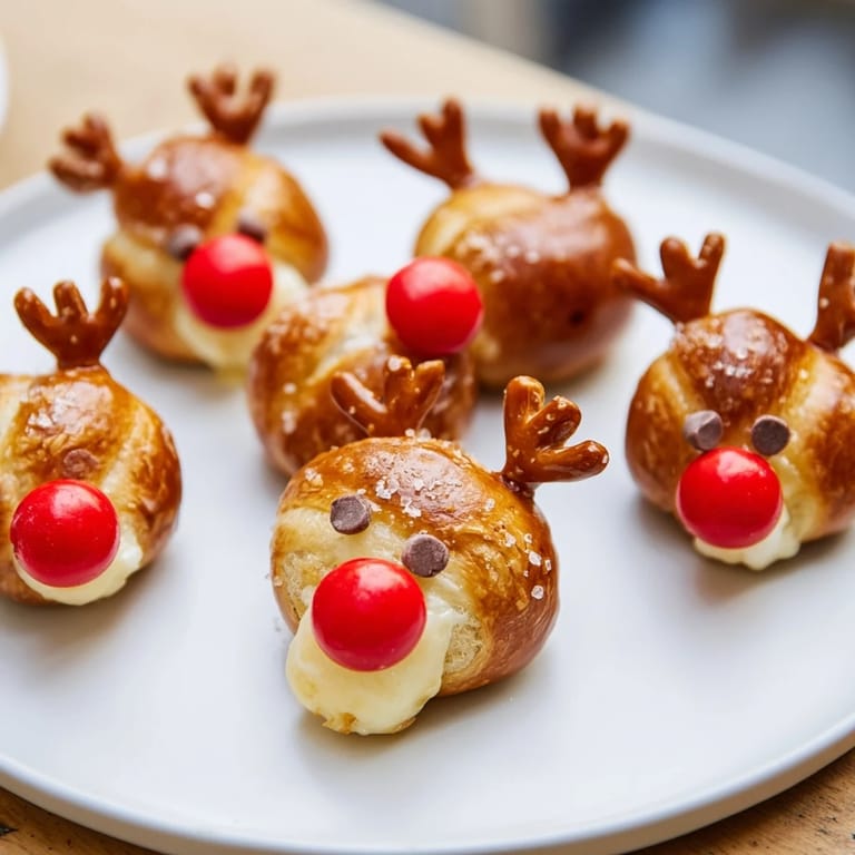 Rudolfs Red Nose Pretzel Bites with creamy cheese, red candy noses, and pretzel antlers bring holiday cheer.