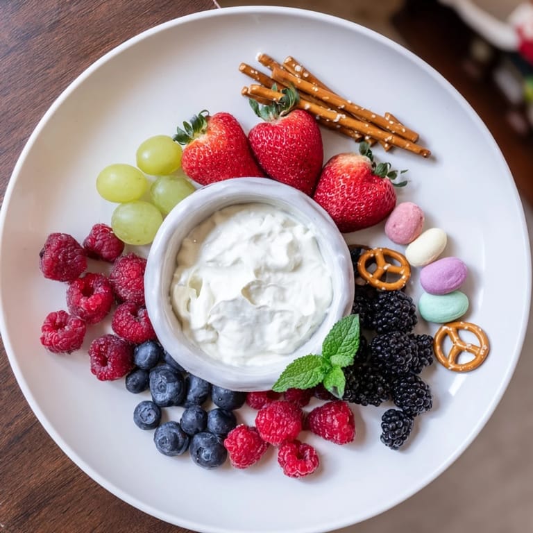 This Mistletoe Kiss Berry Dip Board showcases a luscious, chilled dip surrounded by colorful, juicy fruits.