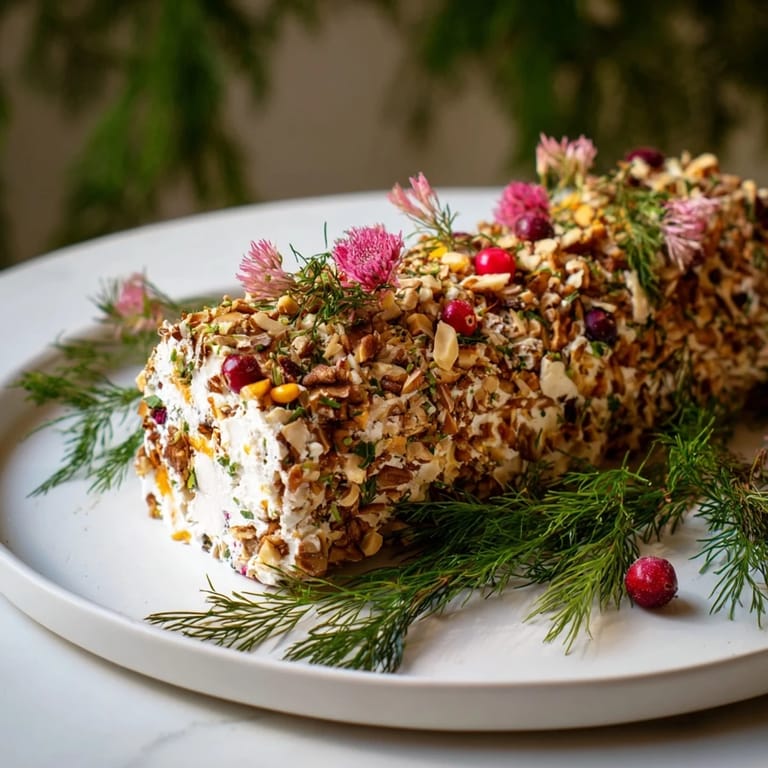 Detailed shot of the elegant Yuletide Log Cheese Centerpiece, garnished with edible flowers and rosemary sprigs.
