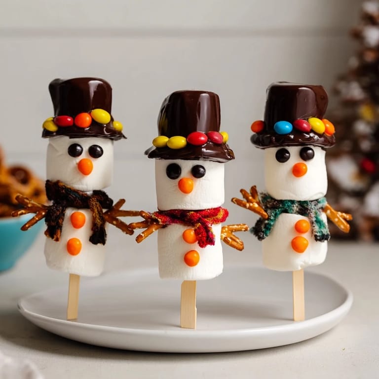 These easy-to-make marshmallow snowman stick arrangements feature pretzel arms, perfect winter snacks.