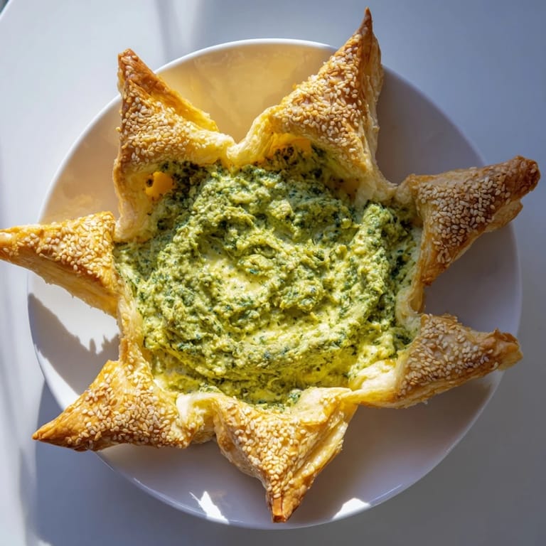 A festive appetizer—a beautiful star-shaped pesto dip surrounded by golden, crunchy cracker edges.