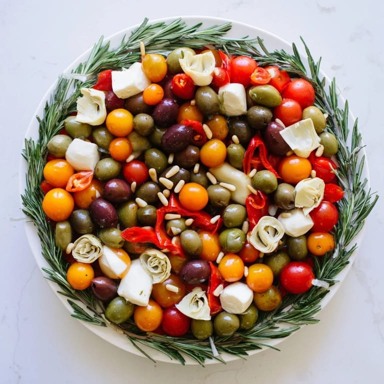 Mediterranean Olive and Cherry Tomato Garland Board: a party-ready platter with olives and fresh tomatoes.