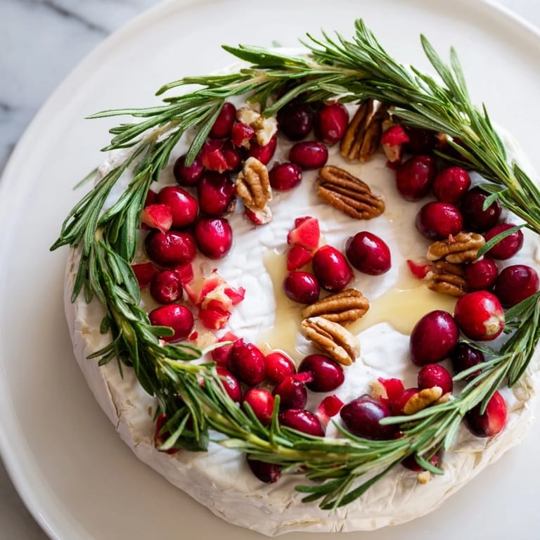 Festive Brie Cheese Wheel with Rosemary Wreath, a no-cook appetizer perfect for holiday tables and gatherings.