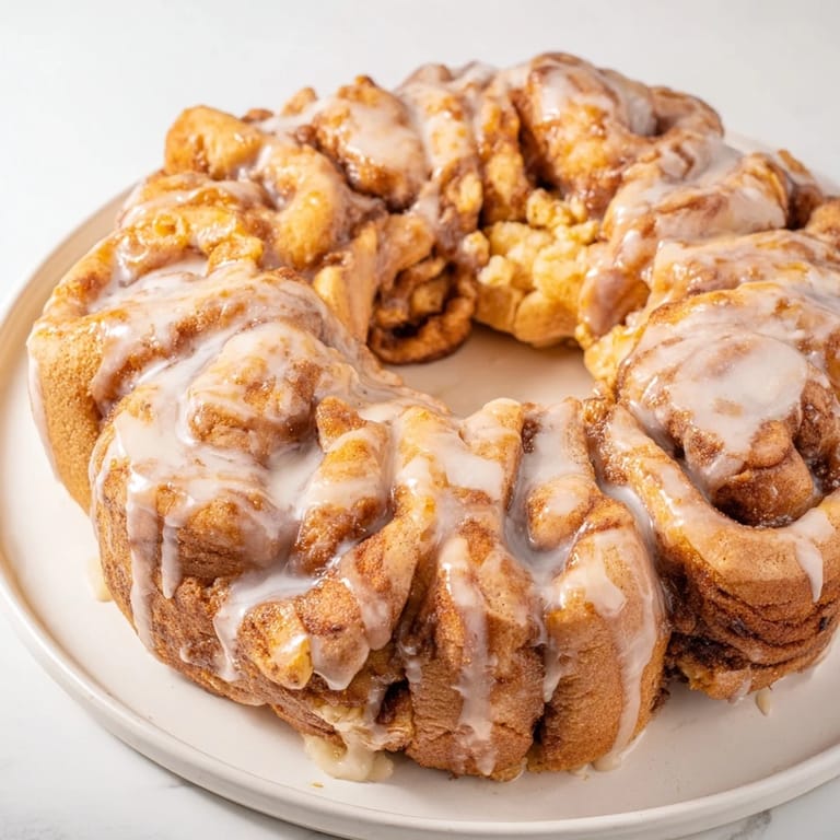 Warm, glazed cinnamon roll pull-apart wreath, invitingly arranged and ready for a festive morning.