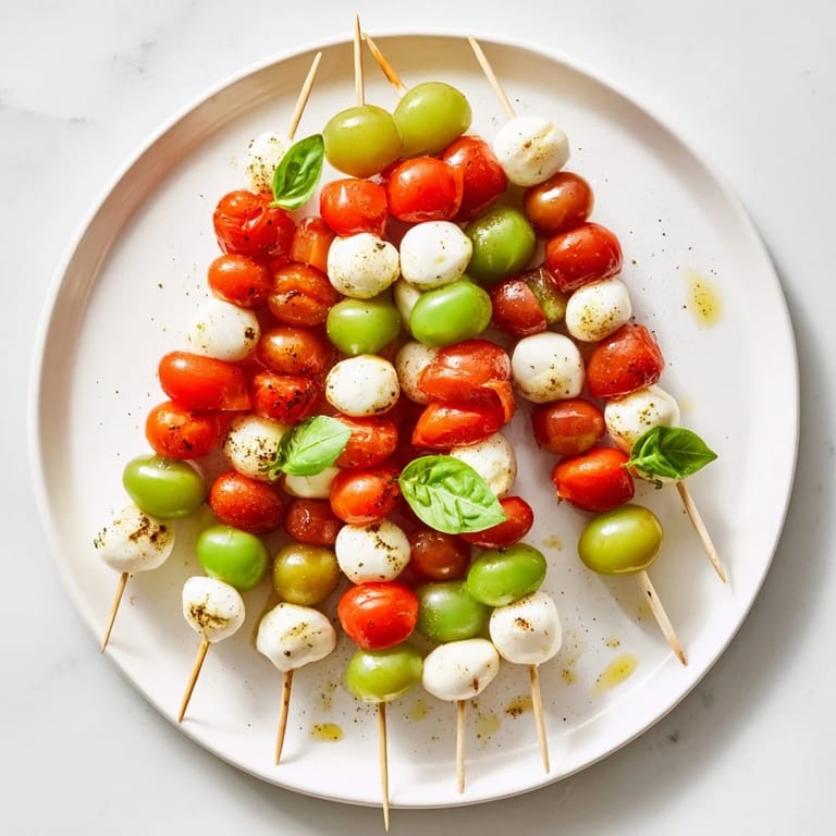 Vibrant Caprese Skewer Tree with juicy tomatoes, perfect for a vegetarian holiday appetizer.