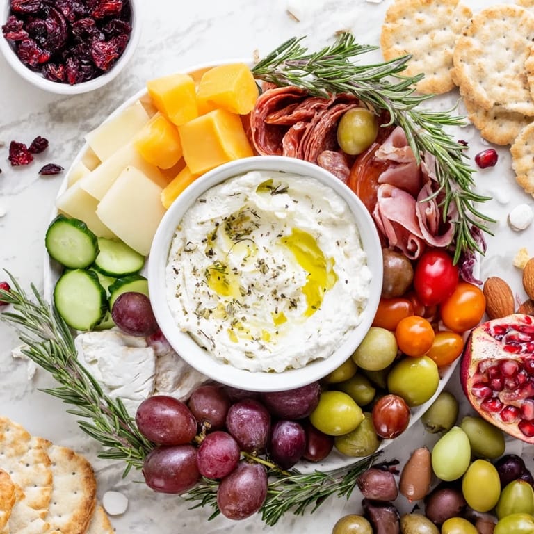 The festive Evergreen Wreath Board arranged with cheeses, olives, and fresh herbs looks delicious and inviting.
