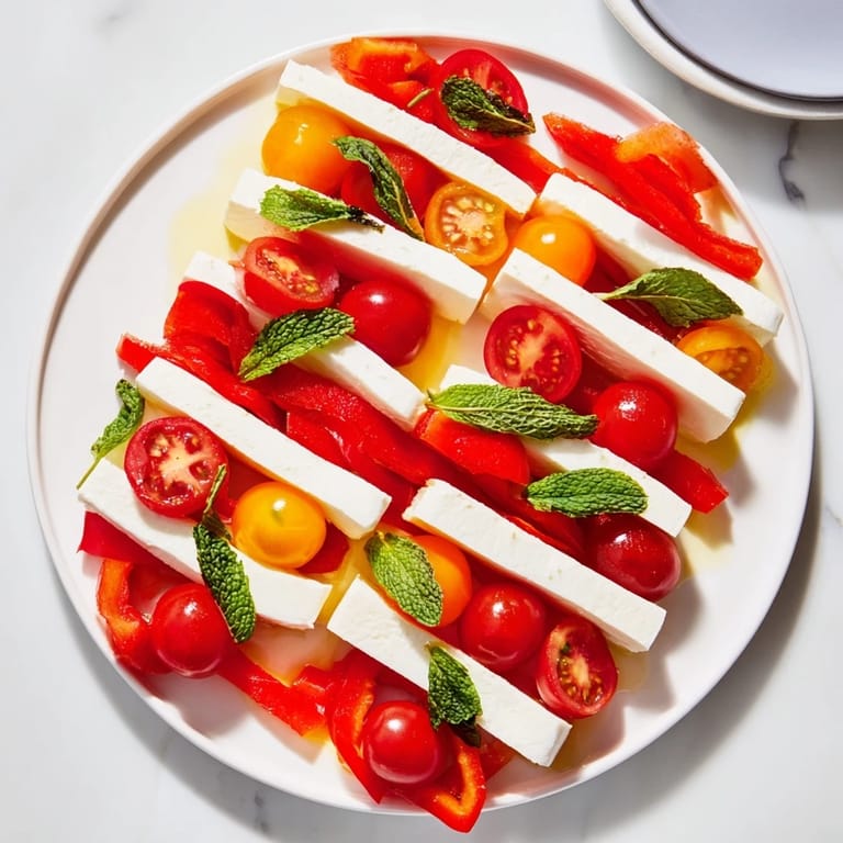 Festive Peppermint Stripe Celebration appetizer features fresh strawberries, tomatoes, and mozzarella arranged in stripes.