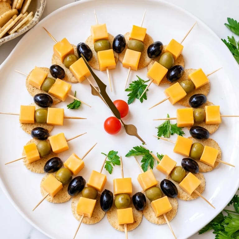 A visually appealing New Years Clock Countdown appetizer with cheddar and Swiss cheese arranged.