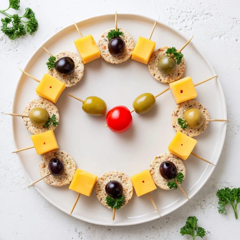 Delectable New Years Clock Countdown appetizer, showing a clock face made from crackers and olives.