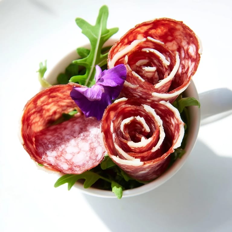 Vibrant salami and pepperoni The Victorian Tea Rose appetizer roses ready for the Victorian-themed tea party.