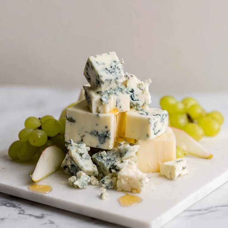 Enjoy the unique flavors of a "Marble Quarry" cheese board with grapes and honey.