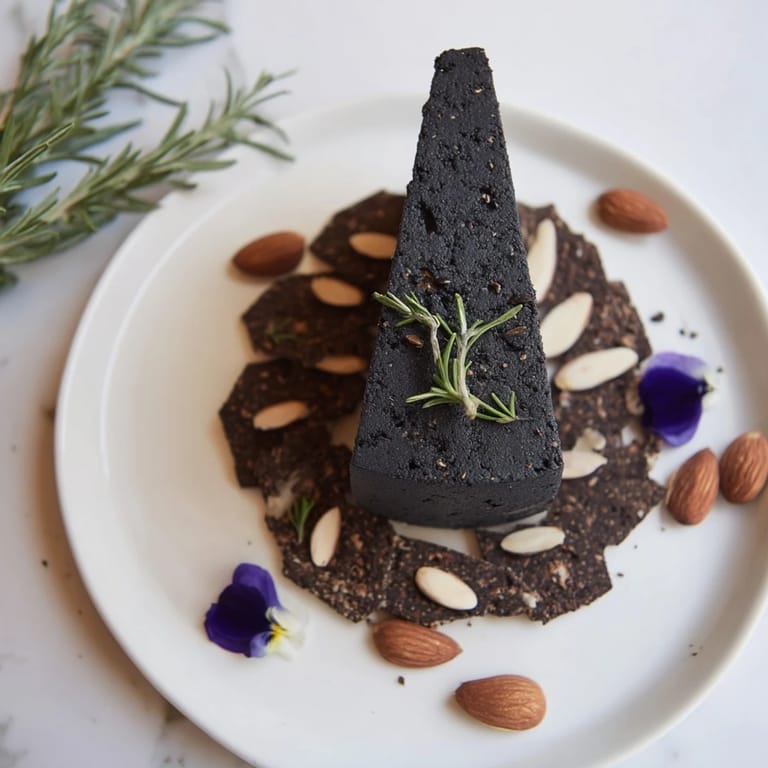 A visually striking The Obsidian Peak cheese platter with black cheddar, dark crackers, and charcoal-dusted almonds ready to serve.