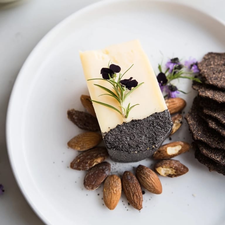 Dramatic The Obsidian Peak cheese board; a black cheddar "mountain" with rye crackers and charcoal almonds for serving.