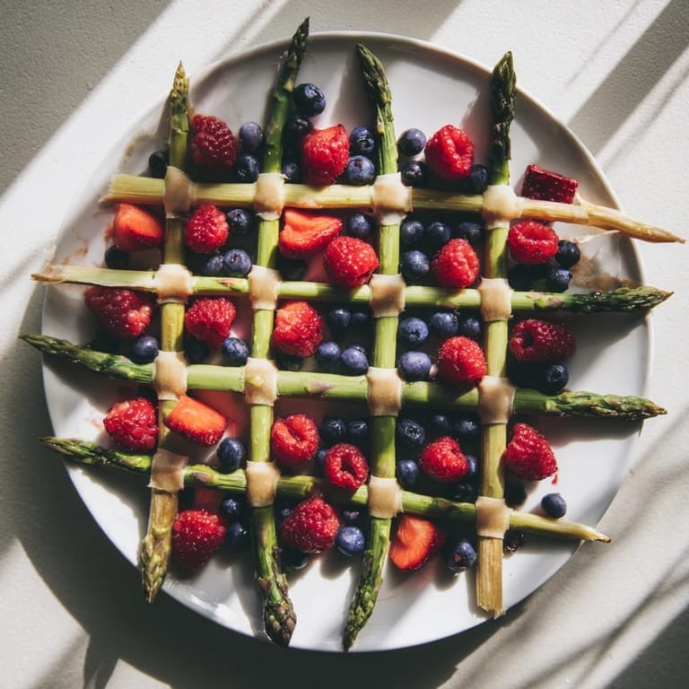 Bright green asparagus, red berries nestled in a delicate Botanical Lattice, ready to serve.