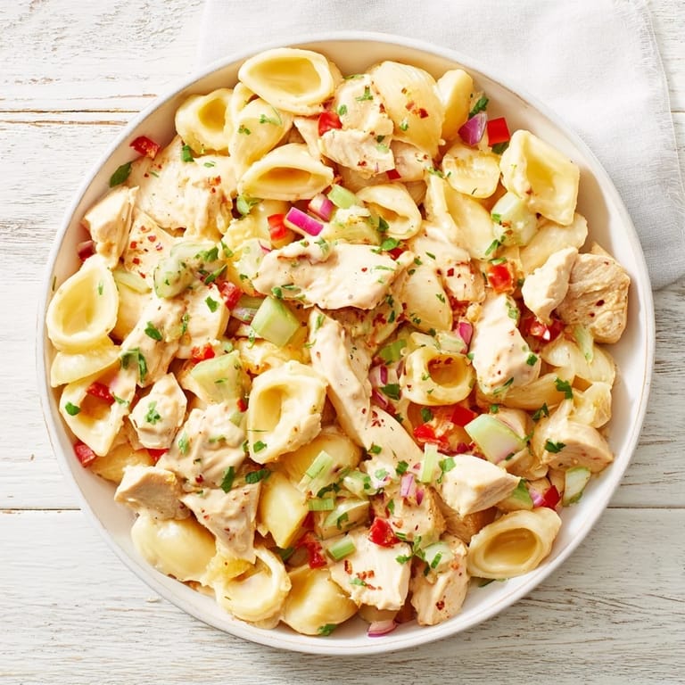 Close-up of refreshing Chicken Macaroni Holiday Salad, with visible chunks of chicken and crisp celery.