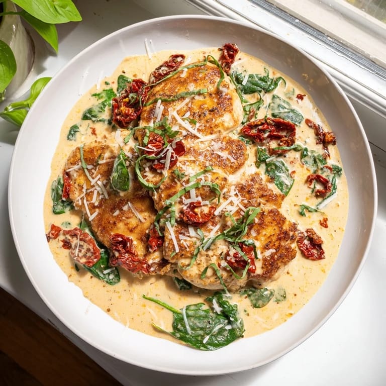 Ein Teller mit goldbraunem Creamy Sun-Dried Tomato Chicken Skillet, dampfend heiß und perfekt für ein Abendessen.