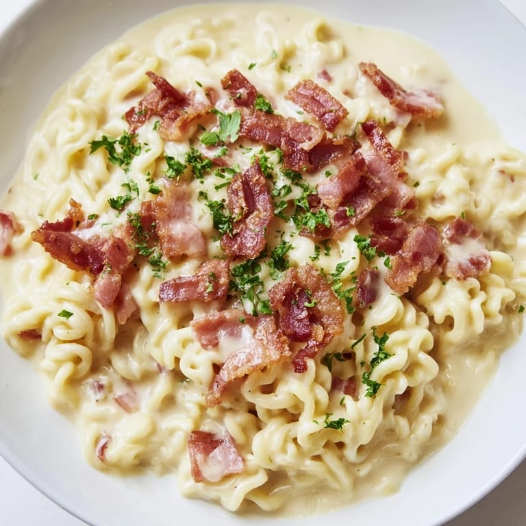 Savory bowl of Ramen Carbonara Hack, featuring silky, cheese-covered noodles with fresh parsley garnish.