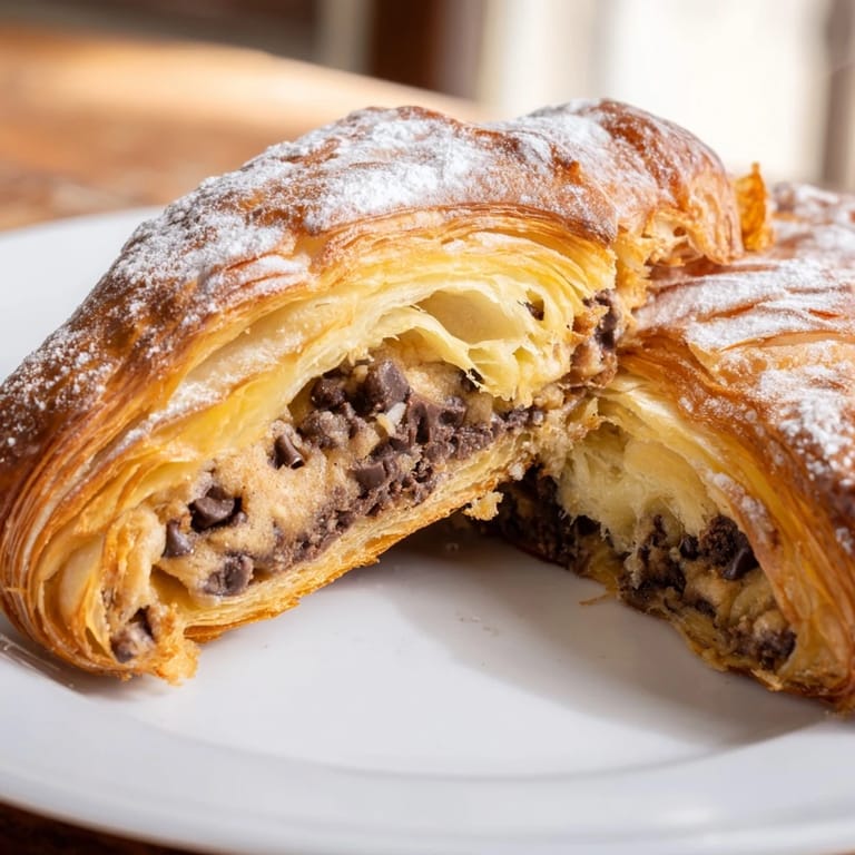Flaky, buttery Cookie Croissant oozing with warm, chocolate chip cookie filling, a perfect dessert.