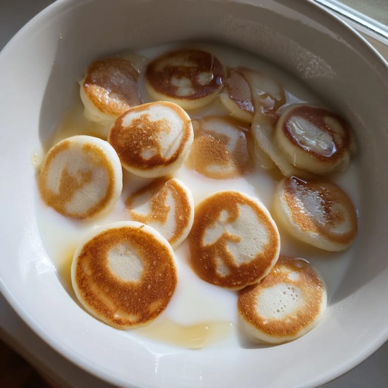 Close-up of golden, bite-sized fluffy pancake cereal ready to be enjoyed with maple syrup.
