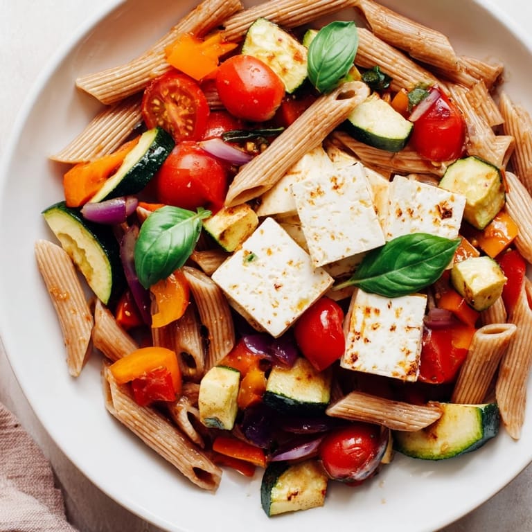 Warm, vibrant image of baked feta pasta 2.0 with whole-grain pasta and tender vegetables.