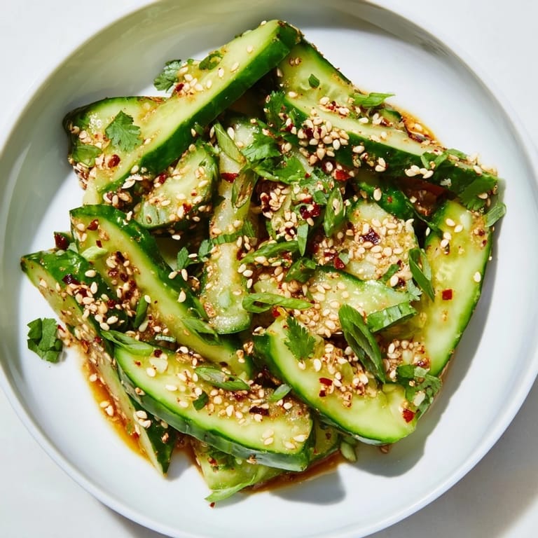 Close-up of freshly made Zesty Shake Cucumber Salad, with visible sesame seeds and cilantro garnishing.