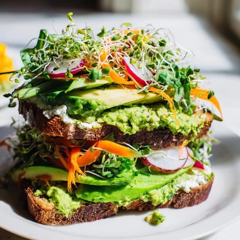 Close-up of a delicious and healthy Green Goddess sandwich on toasted bread, a perfect lunch.