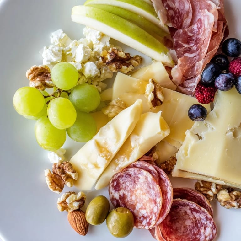 This easy Quick Charcuterie Snack Board showcases a visually appealing spread with crackers, fruits, and olives.