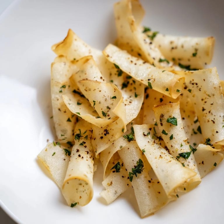 Golden-brown crispy garlic lumpia chips, a simple appetizer for sharing, easily air fried.