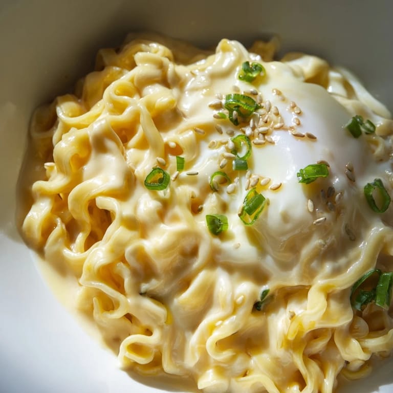 Creamy, cheesy Instant Cheese Ramen Bowl garnished with fresh green onion and sesame seeds.