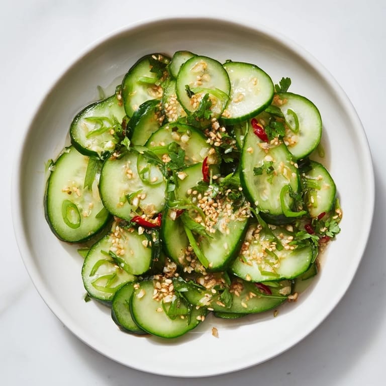 Nahaufnahme von Tangy Shaken Asian-Style Cucumber Salad, garniert mit Koriander und gerösteten Sesamkörnern.