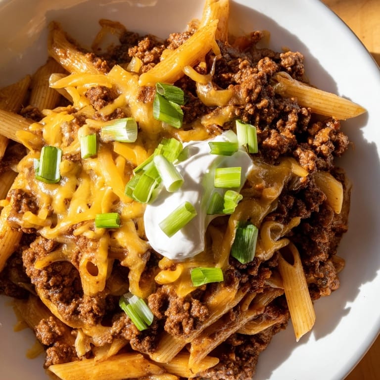 Close-up of One-Pot Taco Pasta, a vibrant Tex-Mex dish topped with fresh cilantro.