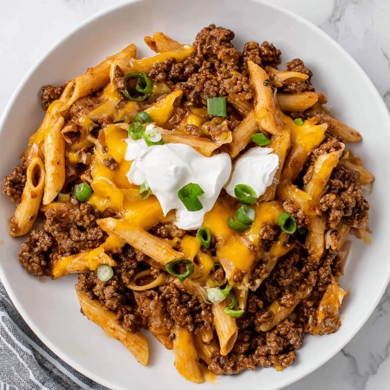 One-Pot Taco Pasta, a comforting family meal featuring ground beef and cheesy goodness.
