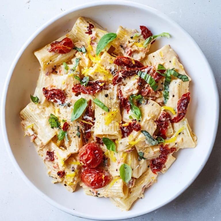 Golden, bubbling baked feta melting into a rich sauce, ready for the pasta in this dish.