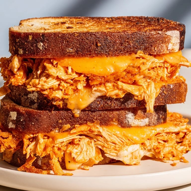 This Spicy Crispy Chicken Sandwich Grilled Cheese shows off melted cheese oozing from a delicious, golden-brown sandwich.