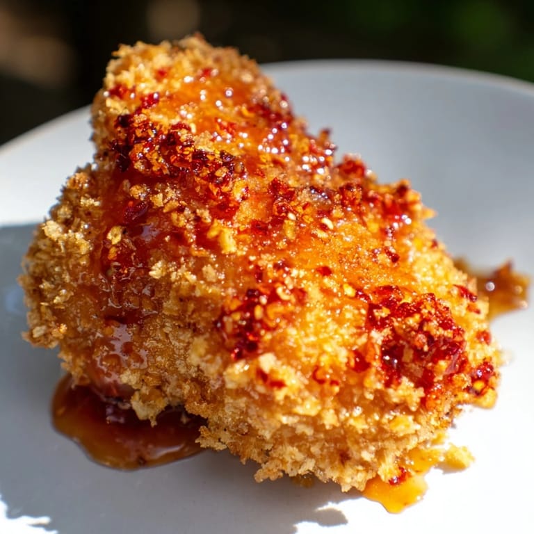 Crispy, juicy bite: golden panko-crusted hot honey chicken thighs, ready to serve with a drizzle.