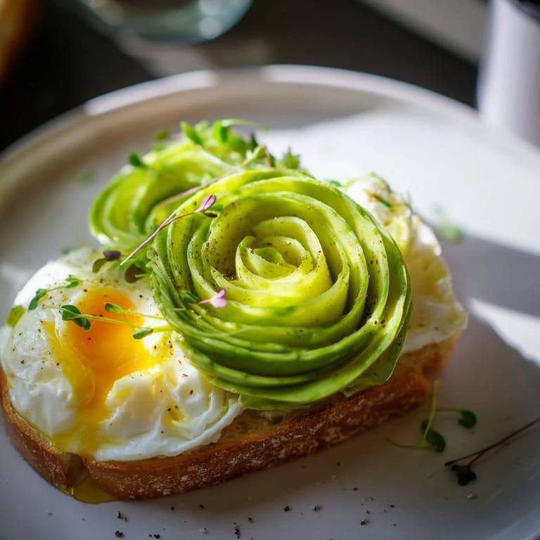 Fresh microgreens garnish a vibrant plate of "Cloud Toast 2.0" with avocado roses and toast.