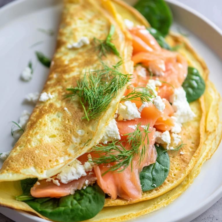 Frothy, golden-brown blender egg crepe wrap, filled with fresh spinach and smoked salmon, ready to eat!