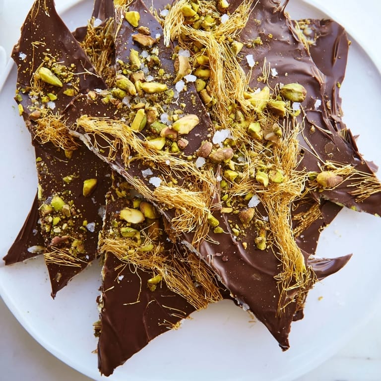 Delicious dark chocolate kataifi crunch bark, a sweet treat ready to be broken into pieces.