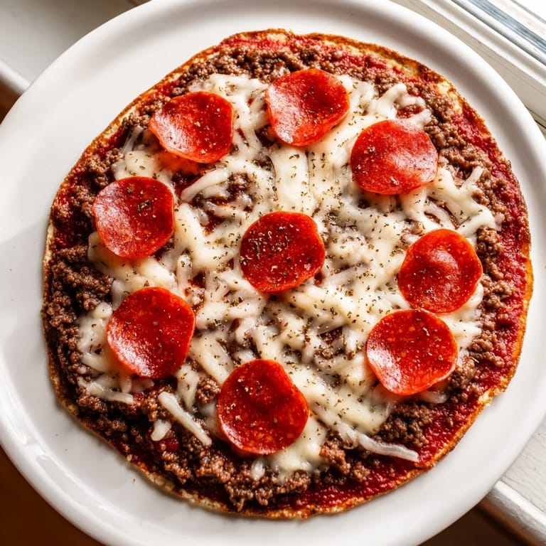 A close-up of the fully baked Meat Pizza Pepperoni Stack with melted mozzarella and fresh oregano.