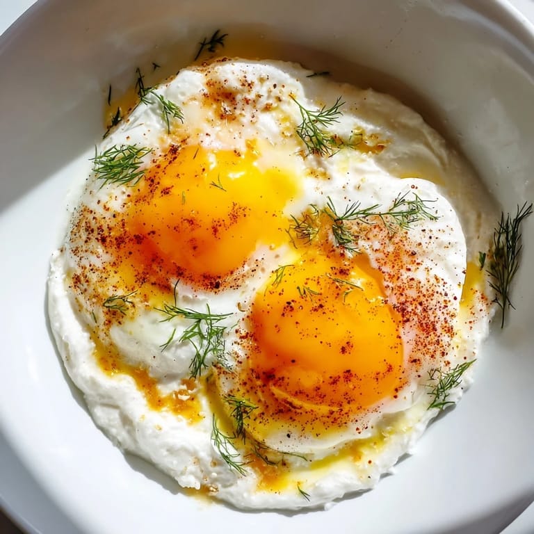 Enjoy this vibrant Cilbir, Turkish breakfast: runny egg yolks and spiced butter over yogurt, ready to eat.