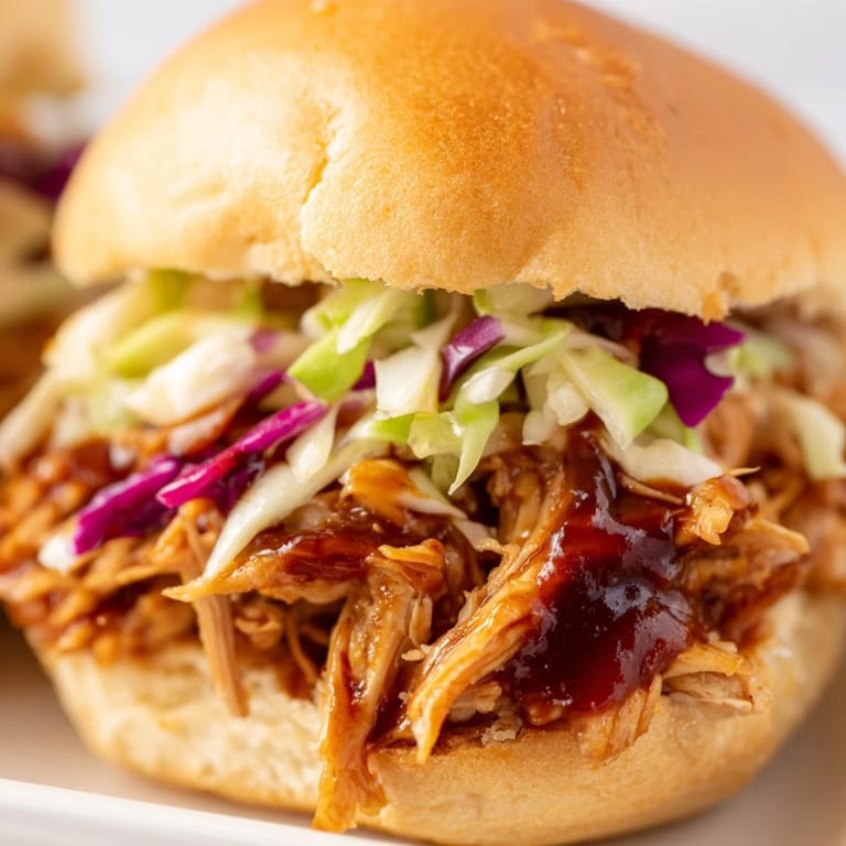 BBQ Chicken Sliders mit zartem, in Sauce gedünstetem Hähnchen und cremigem, sauerlichem Slaw.