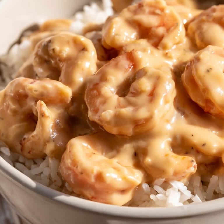 Eine üppige Schüssel mit saftigen Cajun-Garnelen in einer würzigen Sahnesauce auf einem Bett aus fluffigem Jasminreis.