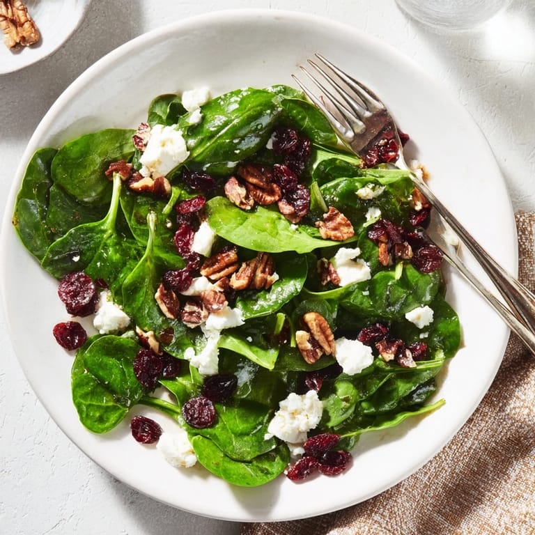 Ein frischer Spinach Goat Cheese Salad mit rosafarbenen Cranberries und einer würzigen Balsamico-Vinaigrette auf dem Teller.