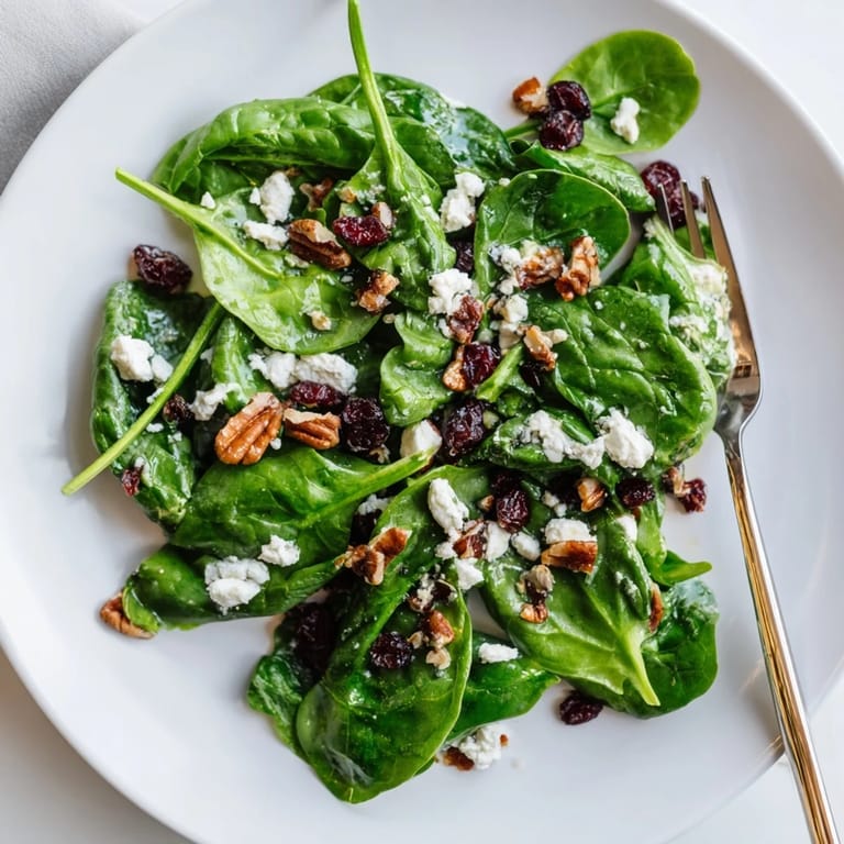 Sommerlicher Spinach Goat Cheese Salad, aromatisiert mit honigsüßer Vinaigrette und knusprigen Nüssen für den perfekten Lunch.