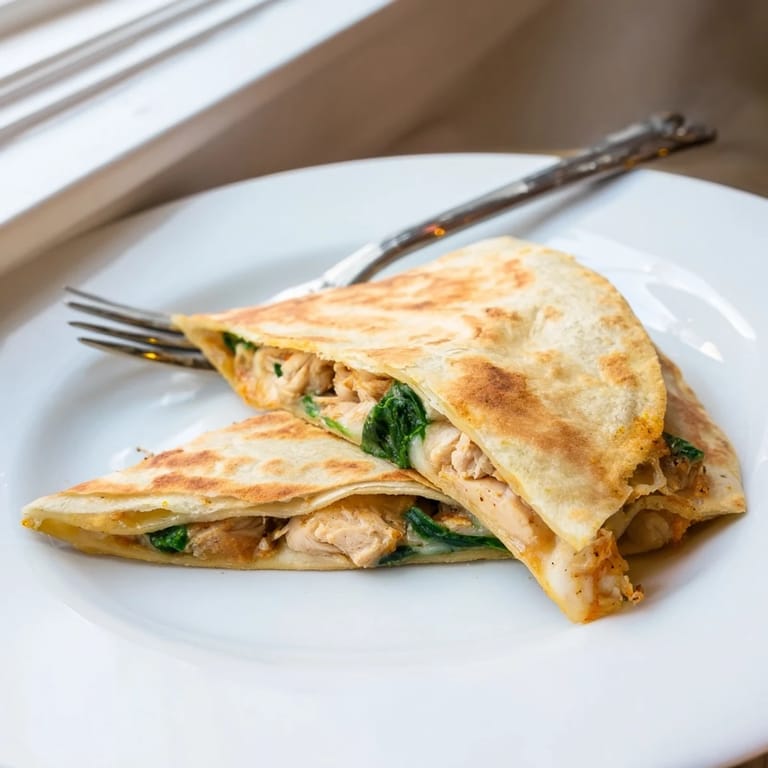 A close-up of a sizzling Chicken and Spinach Quesadilla, revealing tender chicken and wilted greens inside.