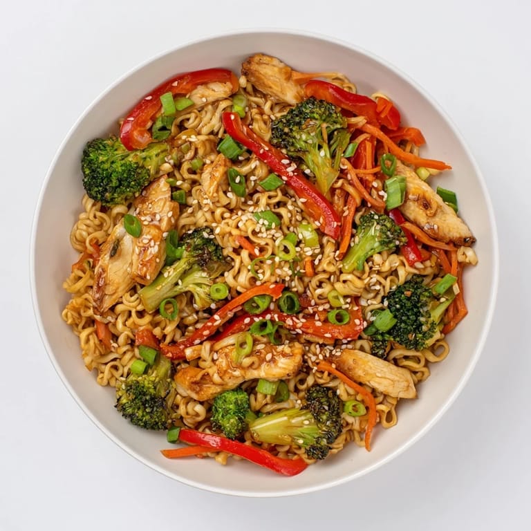 Spicy Ramen Stir-Fry with glistening noodles, fresh ginger, garlic, and a garnish of green onions and sesame seeds.