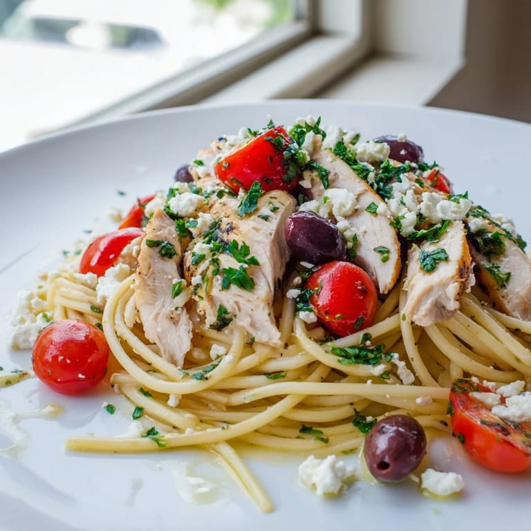 Eine dampfende Portion griechischer Chicken Spaghetti mit Oliven, frischer Petersilie und einem spritzigen Zitronendressing.