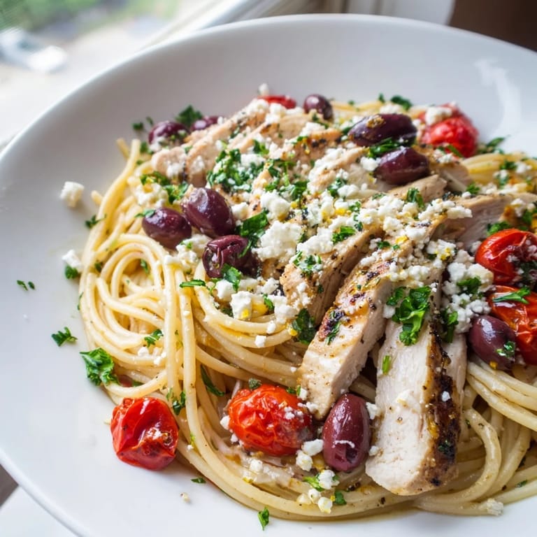 Klassische griechische Chicken Spaghetti mit knusprig gegrillten Hähnchenbruststreifen und roten Zwiebeln, serviert mit einem Glas Assyrtiko.