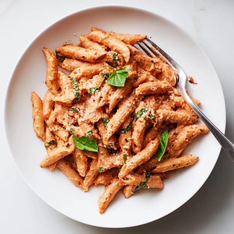 Mundhungrig: cremige Roasted Red Pepper Pasta serviert mit knusprigem Brot und Wein.
