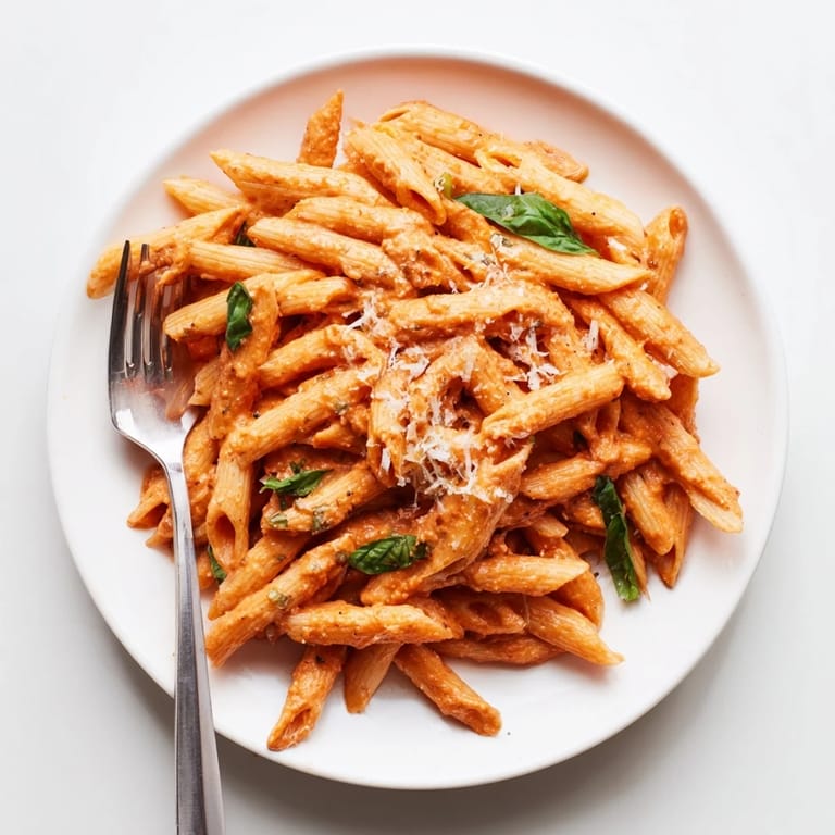 Abendessen Ideal: rote Paprika-Pasta aus dem Glas auf Teller gewirbelt und würzig aromatisch.